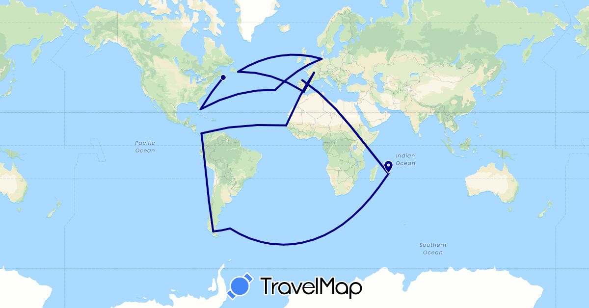 TravelMap itinerary: driving in Barbados, Canada, Chile, Germany, Spain, Falkland Islands, France, Mauritius, Panama, Peru, Portugal, Senegal, United States (Africa, Europe, North America, South America)